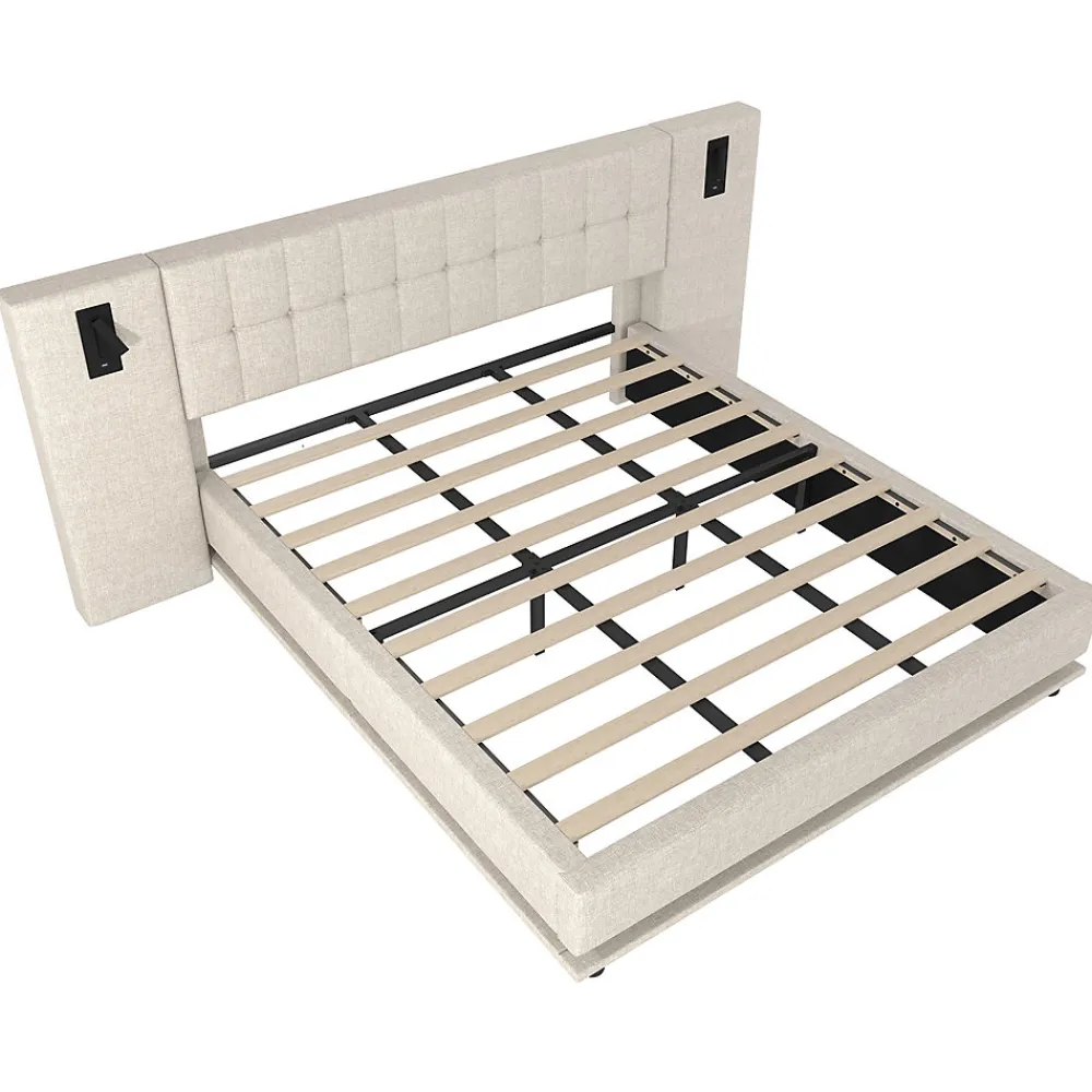 Lit 180x200 cm avec tête de lit à spots, LED multicolore intégrée et port USB, habillage lin beige>Redom Hot