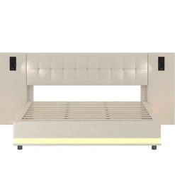 Lit 180x200 cm avec tête de lit à spots, LED multicolore intégrée et port USB, habillage lin beige><noscript><img width=