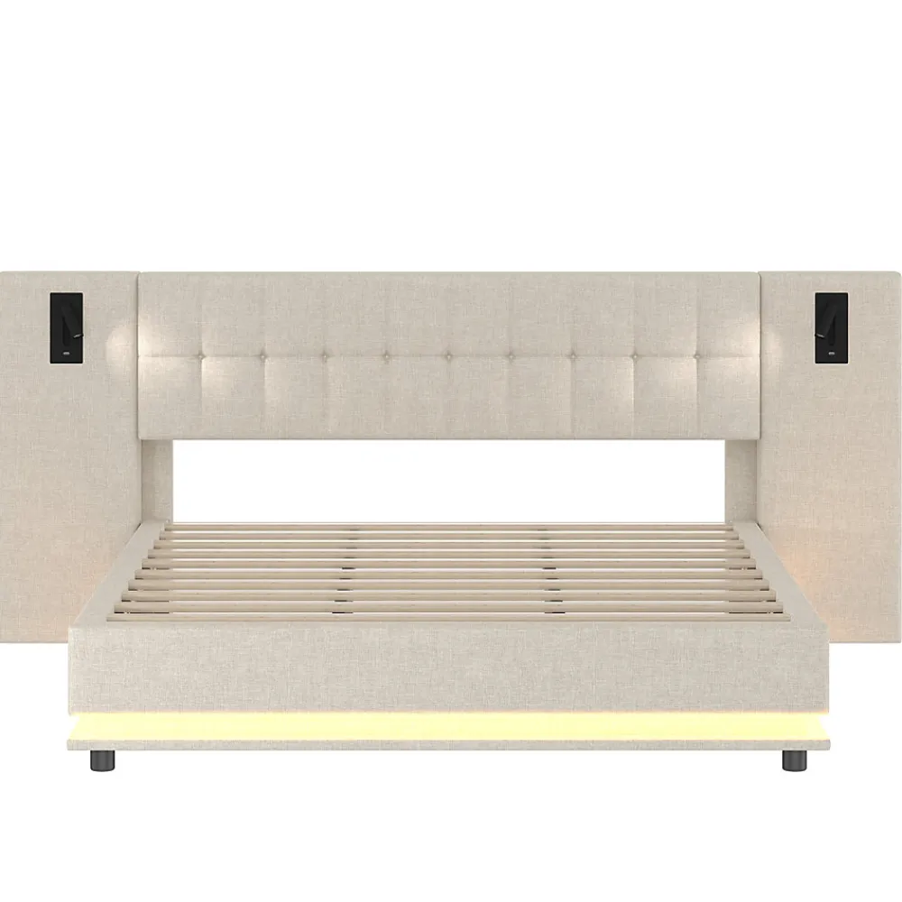 Lit 180x200 cm avec tête de lit à spots, LED multicolore intégrée et port USB, habillage lin beige>Redom Hot