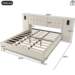 Lit 180x200 cm avec tête de lit à spots, LED multicolore intégrée et port USB, habillage lin beige><noscript><img width=
