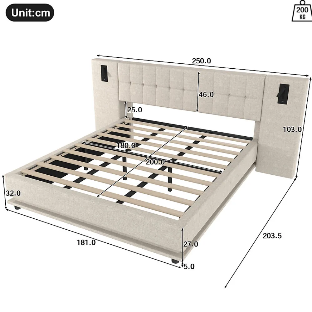 Lit 180x200 cm avec tête de lit à spots, LED multicolore intégrée et port USB, habillage lin beige>Redom Hot