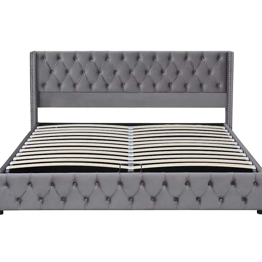 Redom Lit 180x200 cm avec tête de lit capitonnée en velours gris et rangement hydraulique, cadre bois et métal* Lit Avec Rangement