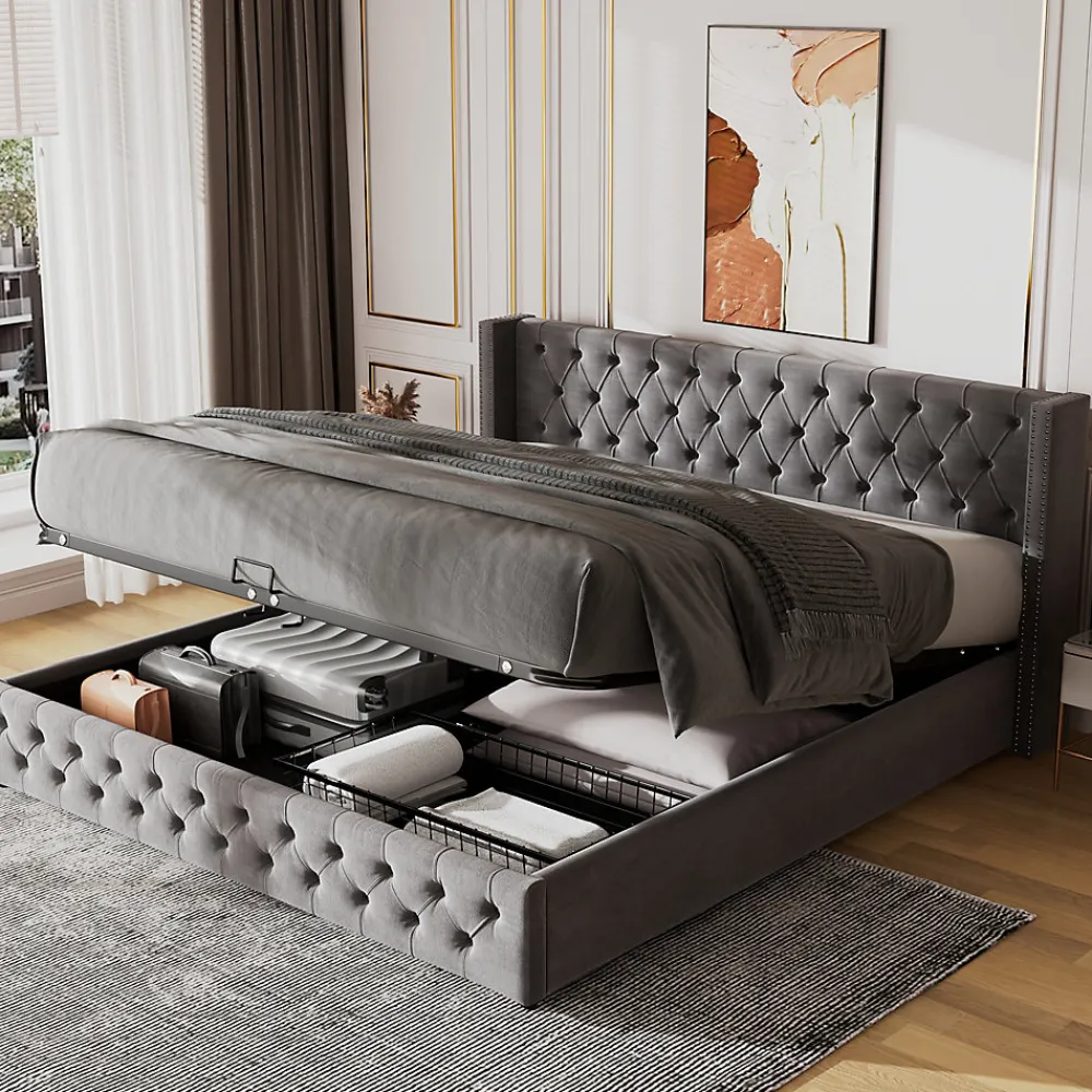 Redom Lit 180x200 cm avec tête de lit capitonnée en velours gris et rangement hydraulique, cadre bois et métal* Lit Avec Rangement