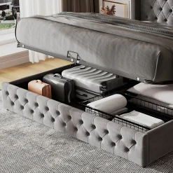 Redom Lit 180x200 cm avec tête de lit capitonnée en velours gris et rangement hydraulique, cadre bois et métal* Lit Avec Rangement