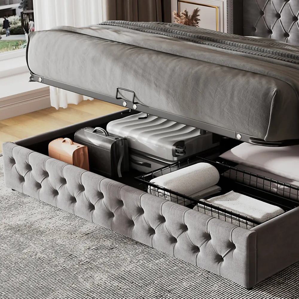 Redom Lit 180x200 cm avec tête de lit capitonnée en velours gris et rangement hydraulique, cadre bois et métal* Lit Avec Rangement