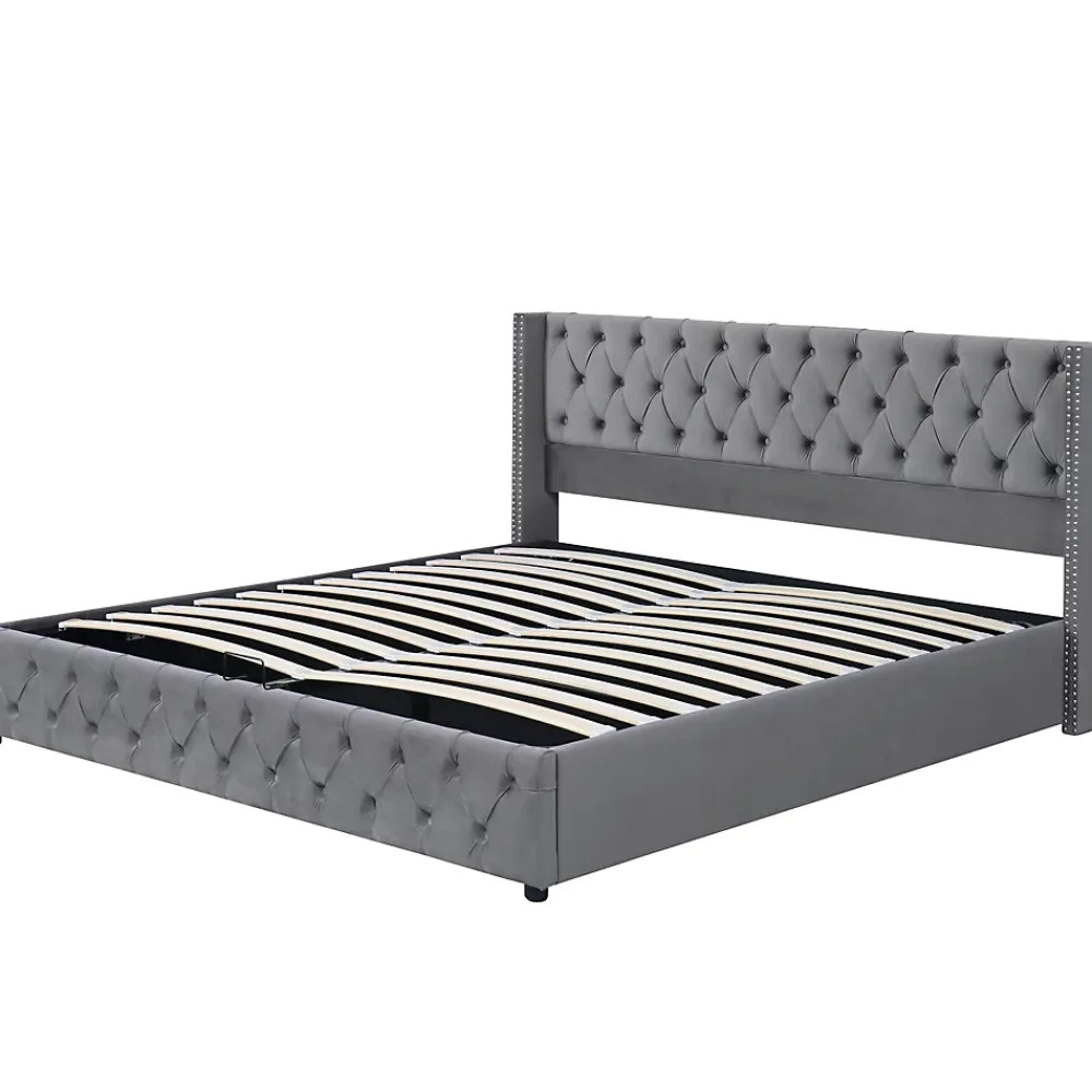 Redom Lit 180x200 cm avec tête de lit capitonnée en velours gris et rangement hydraulique, cadre bois et métal* Lit Avec Rangement