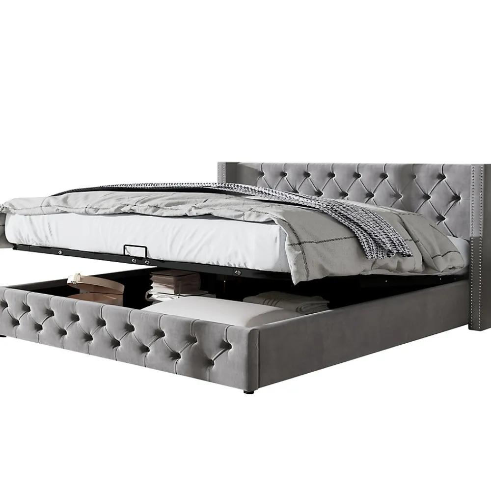 Redom Lit 180x200 cm avec tête de lit capitonnée en velours gris et rangement hydraulique, cadre bois et métal* Lit Avec Rangement