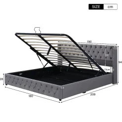 Redom Lit 180x200 cm avec tête de lit capitonnée en velours gris et rangement hydraulique, cadre bois et métal* Lit Avec Rangement