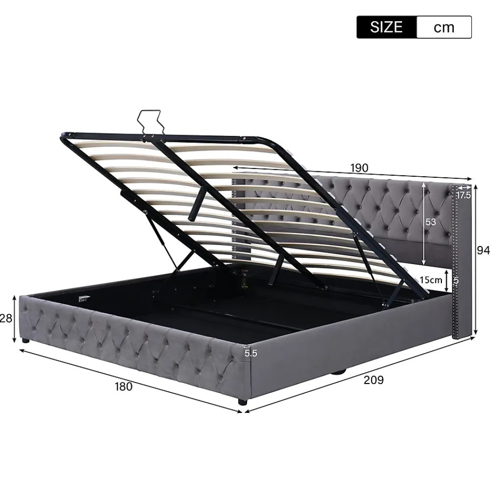 Redom Lit 180x200 cm avec tête de lit capitonnée en velours gris et rangement hydraulique, cadre bois et métal* Lit Avec Rangement