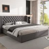 Lit 180x200 cm avec tête de lit capitonnée en velours, coffre hydraulique intégré et cadre bois/métal gris>Redom Clearance