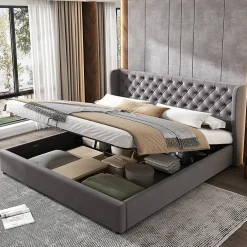 Lit 180x200 cm avec tête de lit capitonnée en velours, coffre hydraulique intégré et cadre bois/métal gris>Redom Clearance