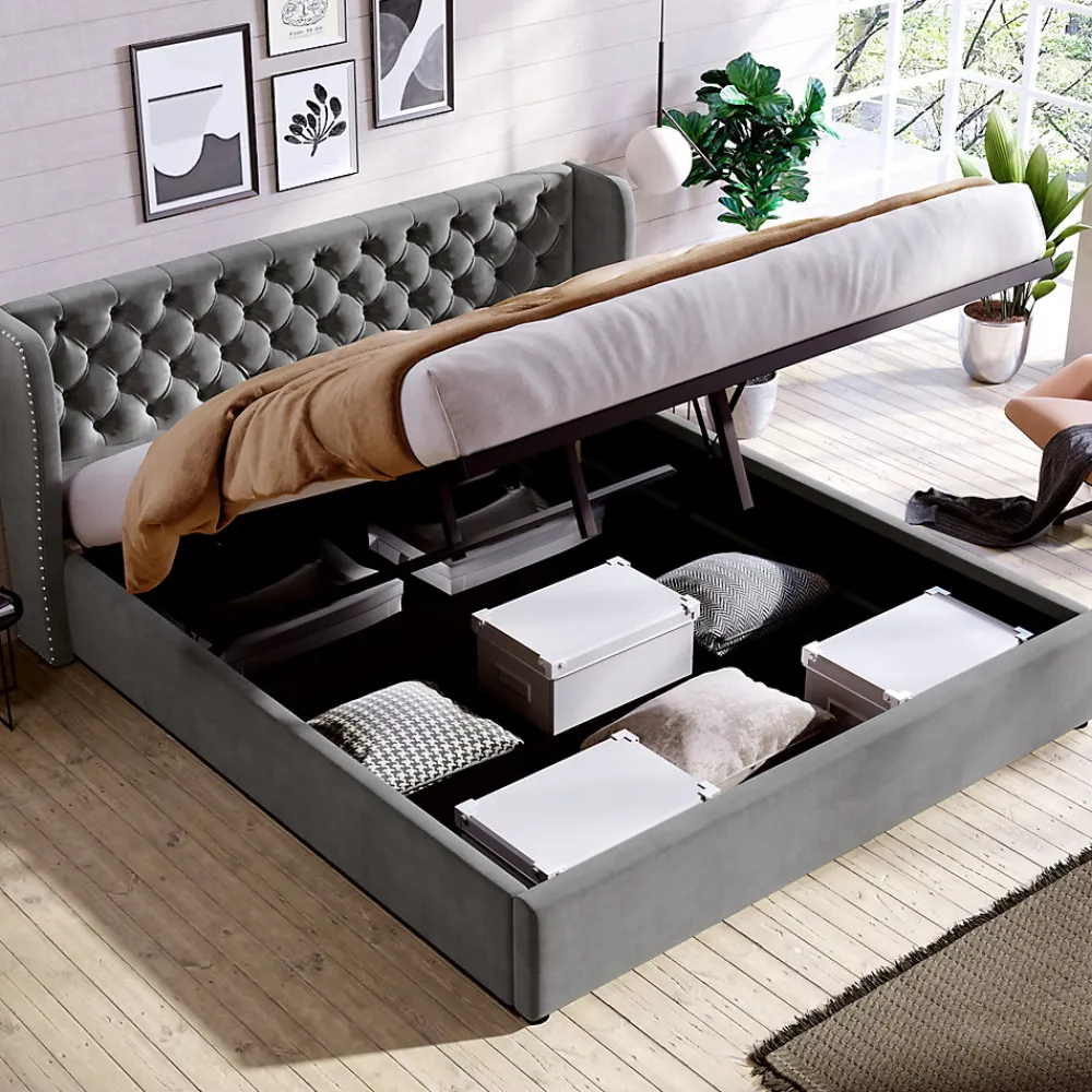 Lit 180x200 cm avec tête de lit capitonnée en velours, coffre hydraulique intégré et cadre bois/métal gris>Redom Clearance