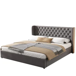 Lit 180x200 cm avec tête de lit capitonnée en velours, coffre hydraulique intégré et cadre bois/métal gris><noscript><img width=