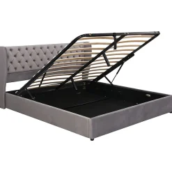 Lit 180x200 cm avec tête de lit capitonnée en velours, coffre hydraulique intégré et cadre bois/métal gris><noscript><img width=