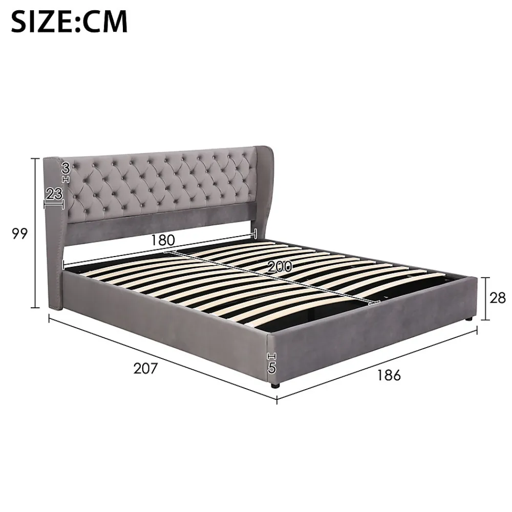 Lit 180x200 cm avec tête de lit capitonnée en velours, coffre hydraulique intégré et cadre bois/métal gris>Redom Clearance