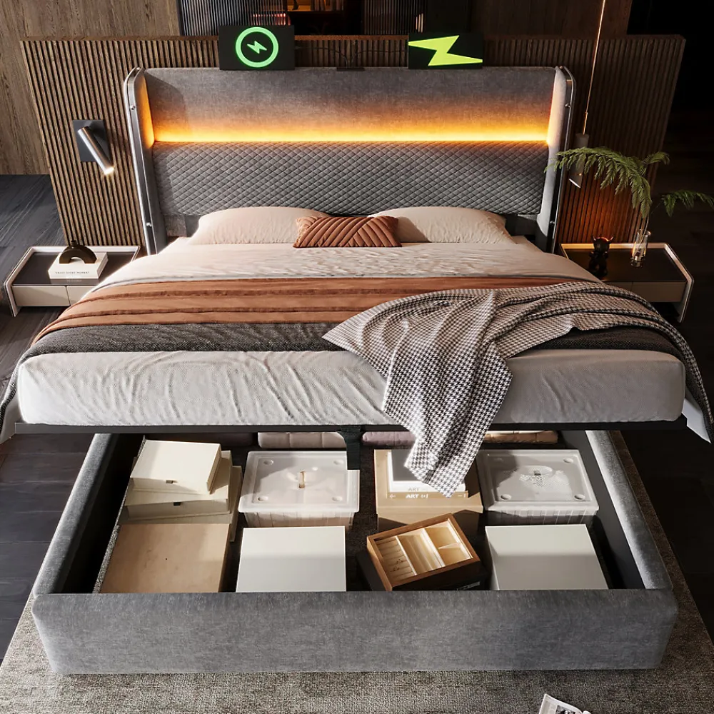 Lit 180x200 cm avec tête de lit haute tapissée lin, rangement hydraulique, LED intégrée et port USB/Type-C>Redom Best