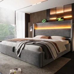 Lit 180x200 cm avec tête de lit haute tapissée lin, rangement hydraulique, LED intégrée et port USB/Type-C><noscript><img width=