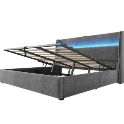 Lit 180x200 cm avec tête de lit haute tapissée lin, rangement hydraulique, LED intégrée et port USB/Type-C><noscript><img width=