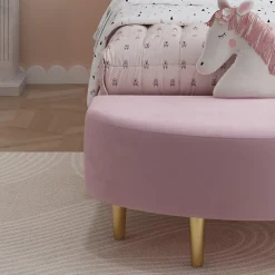 Lit 90x200 cm avec tête de lit en velours rose et banquette assortie, cadre métal robuste et stable><noscript><img width=
