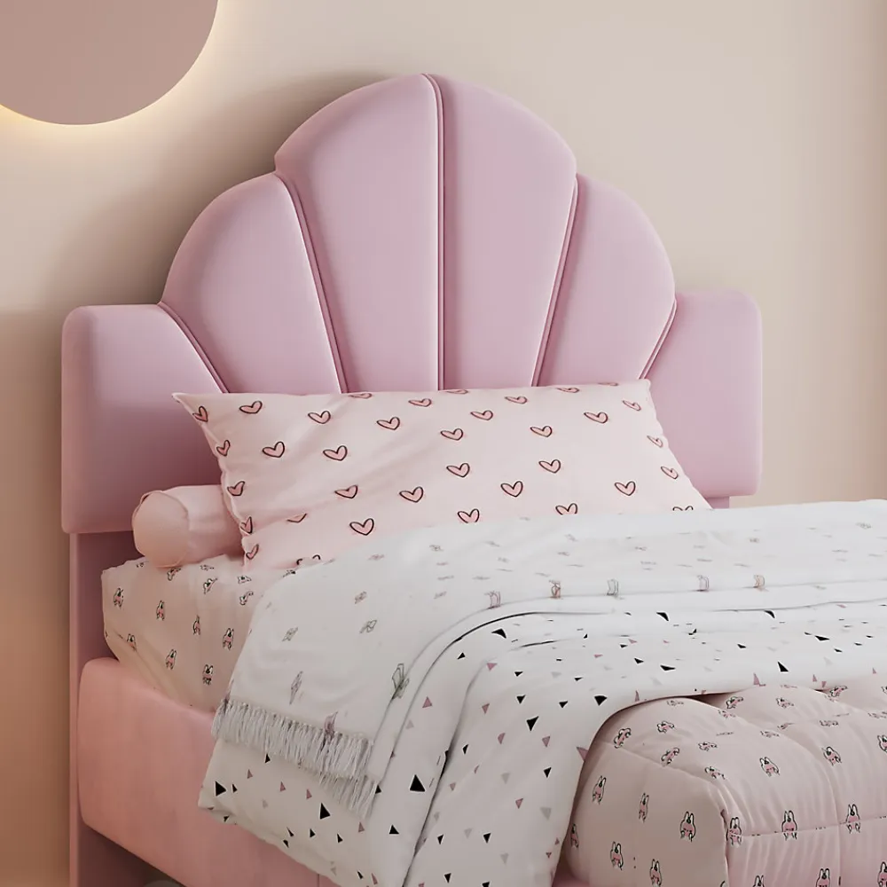Lit 90x200 cm avec tête de lit en velours rose et banquette assortie, cadre métal robuste et stable>Redom Outlet