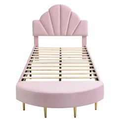 Lit 90x200 cm avec tête de lit en velours rose et banquette assortie, cadre métal robuste et stable><noscript><img width=