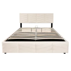 Redom Lit 140x200 cm avec tête de lit réglable et revêtement velours hollandais beige, cadre robuste à lattes bois* Lit Avec Rangement