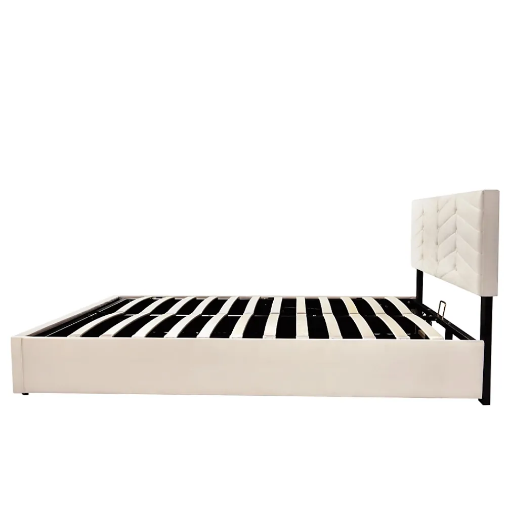 Redom Lit 140x200 cm avec tête de lit réglable et revêtement velours hollandais beige, cadre robuste à lattes bois* Lit Avec Rangement