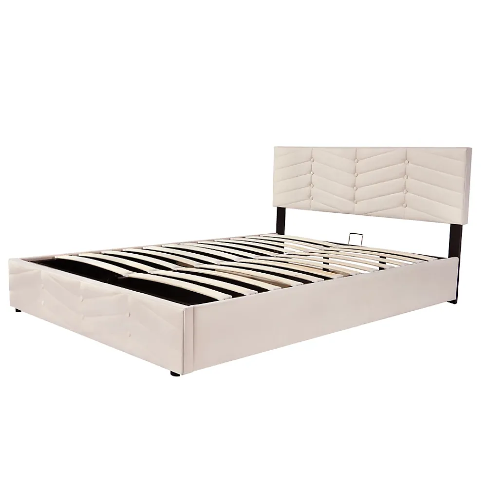 Redom Lit 140x200 cm avec tête de lit réglable et revêtement velours hollandais beige, cadre robuste à lattes bois* Lit Avec Rangement