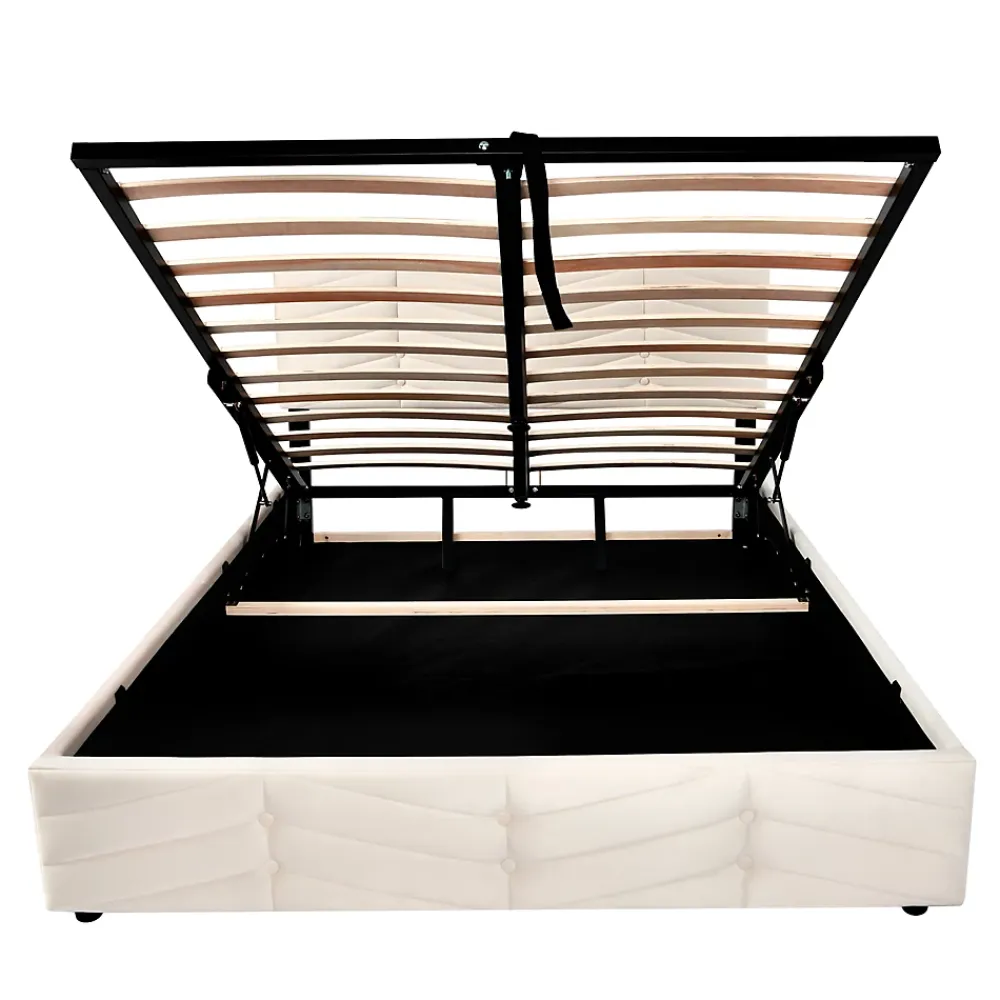 Redom Lit 140x200 cm avec tête de lit réglable et revêtement velours hollandais beige, cadre robuste à lattes bois* Lit Avec Rangement