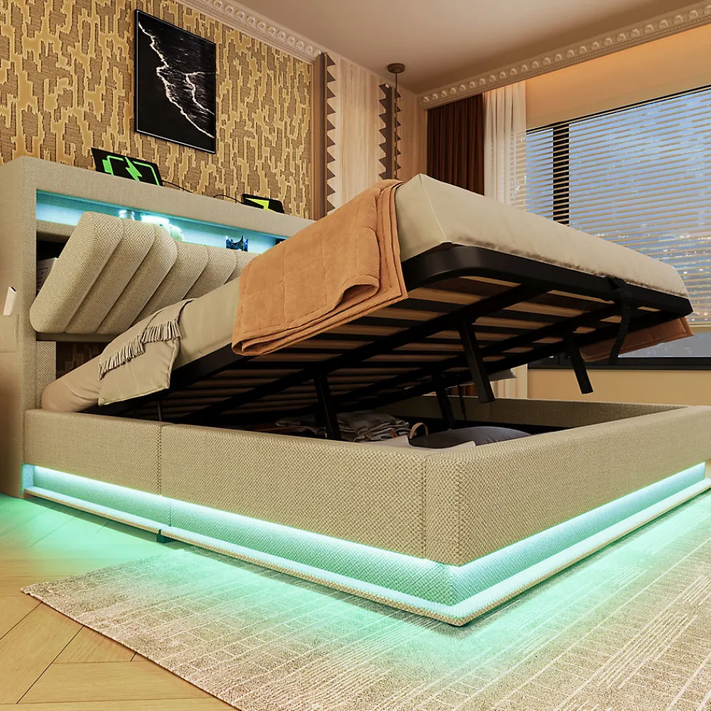 Lit 140x200 cm avec tête de lit LED et ports USB/Type-C, rangement hydraulique, revêtement lin beige>Redom Sale