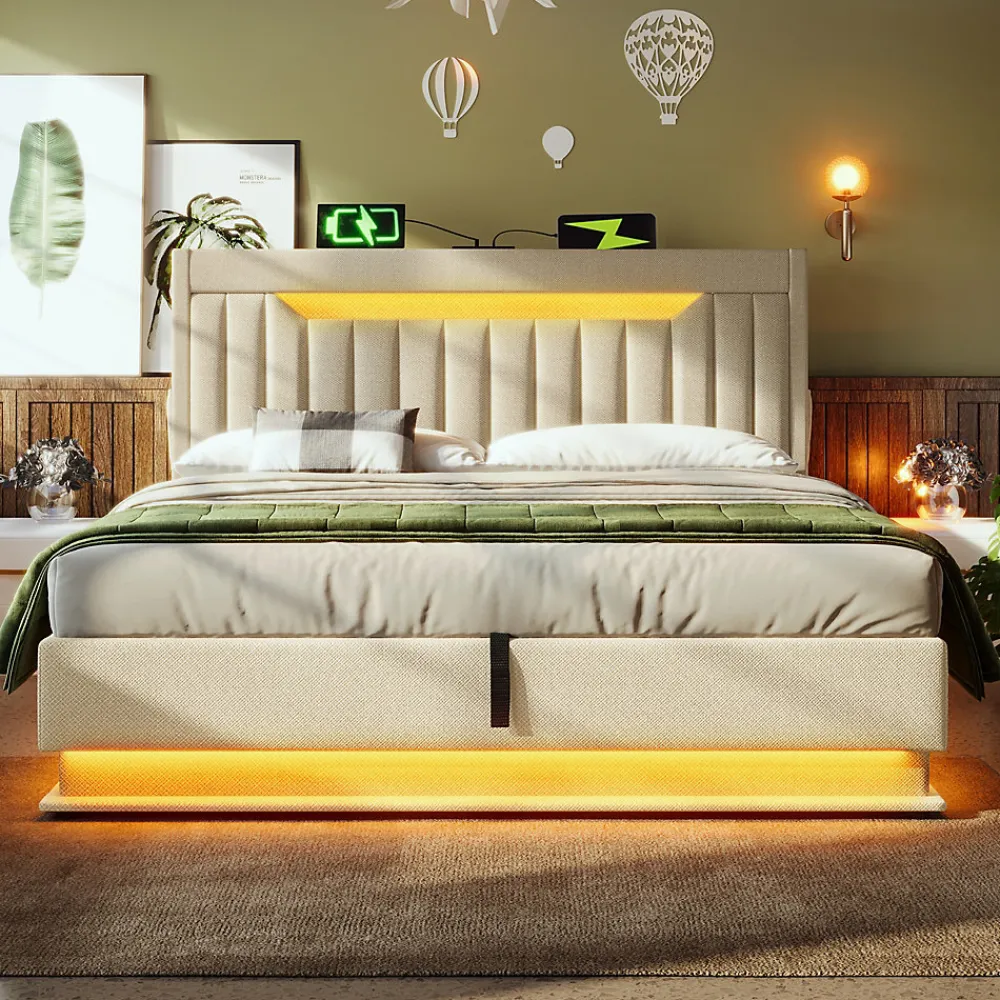 Lit 140x200 cm avec tête de lit LED et ports USB/Type-C, rangement hydraulique, revêtement lin beige>Redom Sale