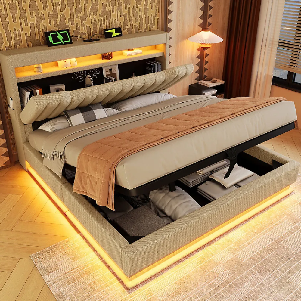 Lit 140x200 cm avec tête de lit LED et ports USB/Type-C, rangement hydraulique, revêtement lin beige>Redom Sale