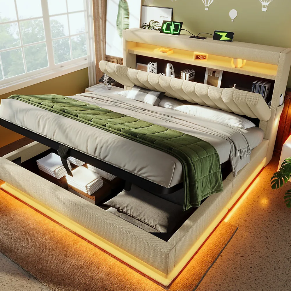 Lit 140x200 cm avec tête de lit LED et ports USB/Type-C, rangement hydraulique, revêtement lin beige>Redom Sale