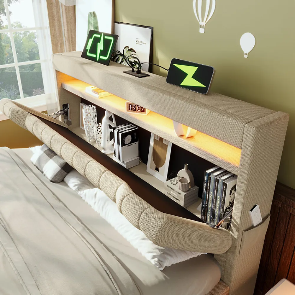 Lit 140x200 cm avec tête de lit LED et ports USB/Type-C, rangement hydraulique, revêtement lin beige>Redom Sale