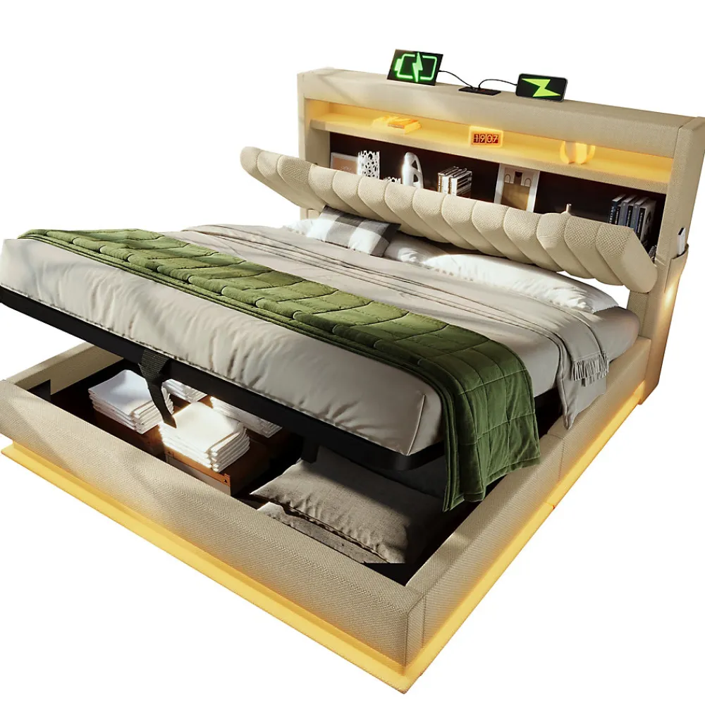 Lit 140x200 cm avec tête de lit LED et ports USB/Type-C, rangement hydraulique, revêtement lin beige>Redom Sale