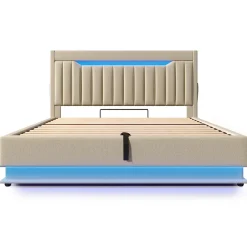 Lit 140x200 cm avec tête de lit LED et ports USB/Type-C, rangement hydraulique, revêtement lin beige><noscript><img width=