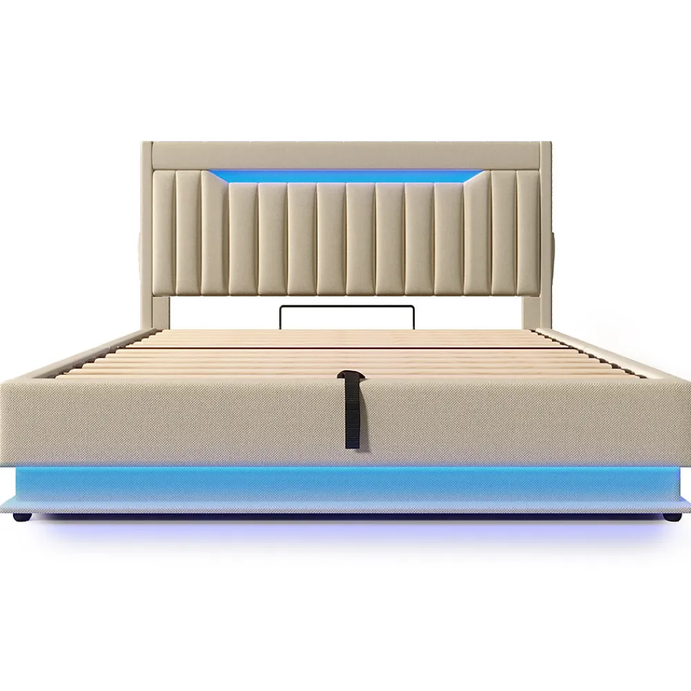 Lit 140x200 cm avec tête de lit LED et ports USB/Type-C, rangement hydraulique, revêtement lin beige>Redom Sale