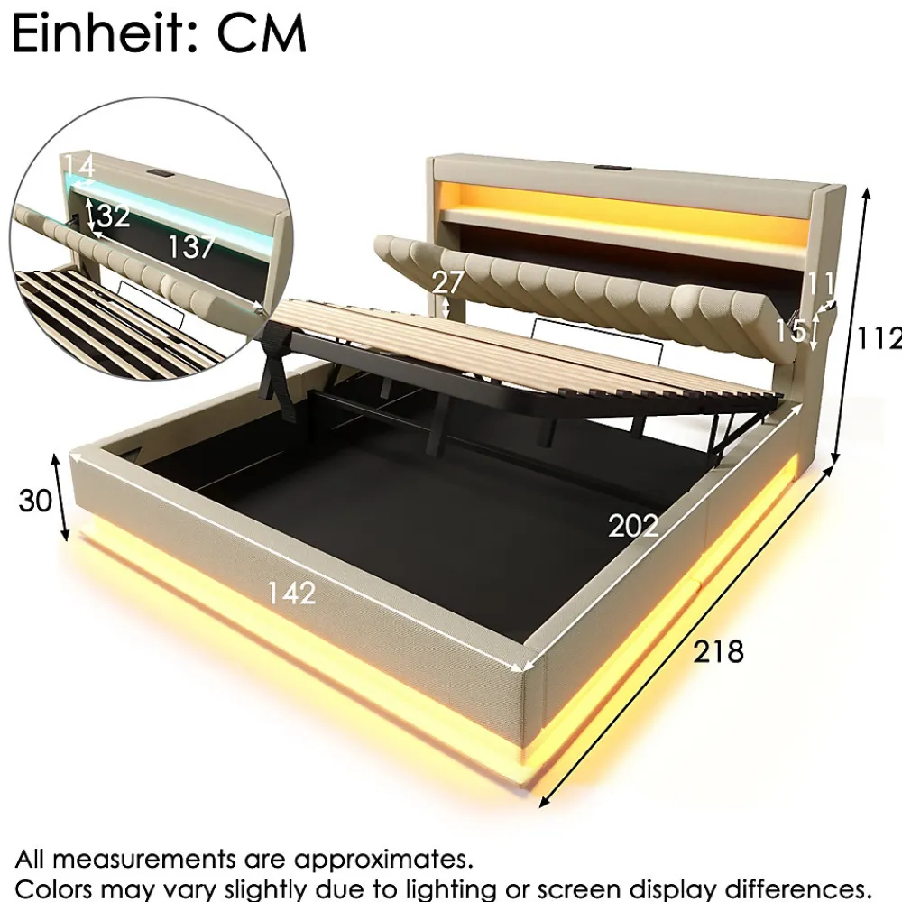 Lit 140x200 cm avec tête de lit LED et ports USB/Type-C, rangement hydraulique, revêtement lin beige>Redom Sale
