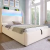 Redom Lit 90x200 cm avec tête de lit haute tapissée lin beige, rangement hydraulique et éclairage LED* Lit Avec Rangement