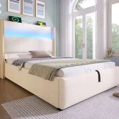 Redom Lit 90x200 cm avec tête de lit haute tapissée lin beige, rangement hydraulique et éclairage LED* Lit Avec Rangement