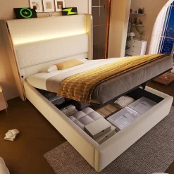 Redom Lit 90x200 cm avec tête de lit haute tapissée lin beige, rangement hydraulique et éclairage LED* Lit Avec Rangement