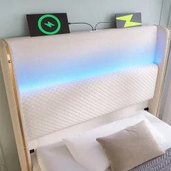 Redom Lit 90x200 cm avec tête de lit haute tapissée lin beige, rangement hydraulique et éclairage LED* Lit Avec Rangement