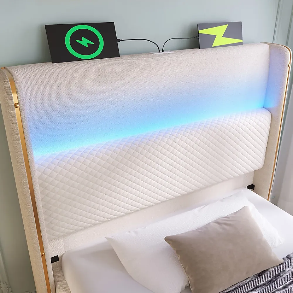Redom Lit 90x200 cm avec tête de lit haute tapissée lin beige, rangement hydraulique et éclairage LED* Lit Avec Rangement