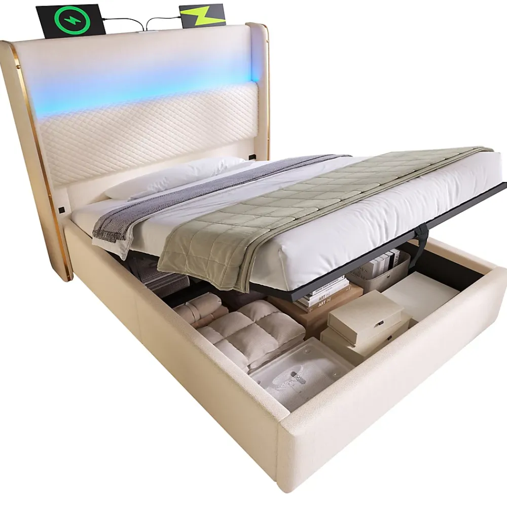 Redom Lit 90x200 cm avec tête de lit haute tapissée lin beige, rangement hydraulique et éclairage LED* Lit Avec Rangement