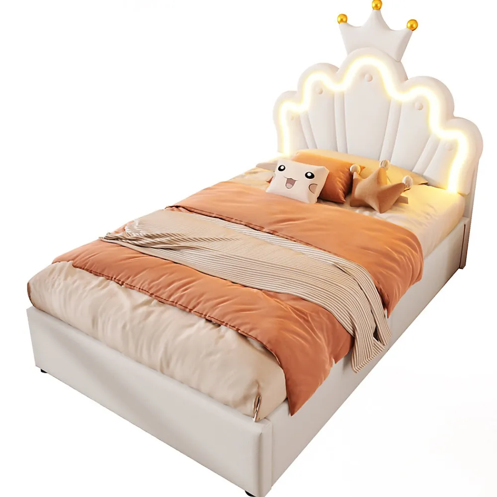 Lit 90x200 cm avec tête de lit réglable et rangement hydraulique, revêtement PU blanc, design couronne>Redom Sale