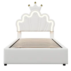 Lit 90x200 cm avec tête de lit réglable et rangement hydraulique, revêtement PU blanc, design couronne><noscript><img width=