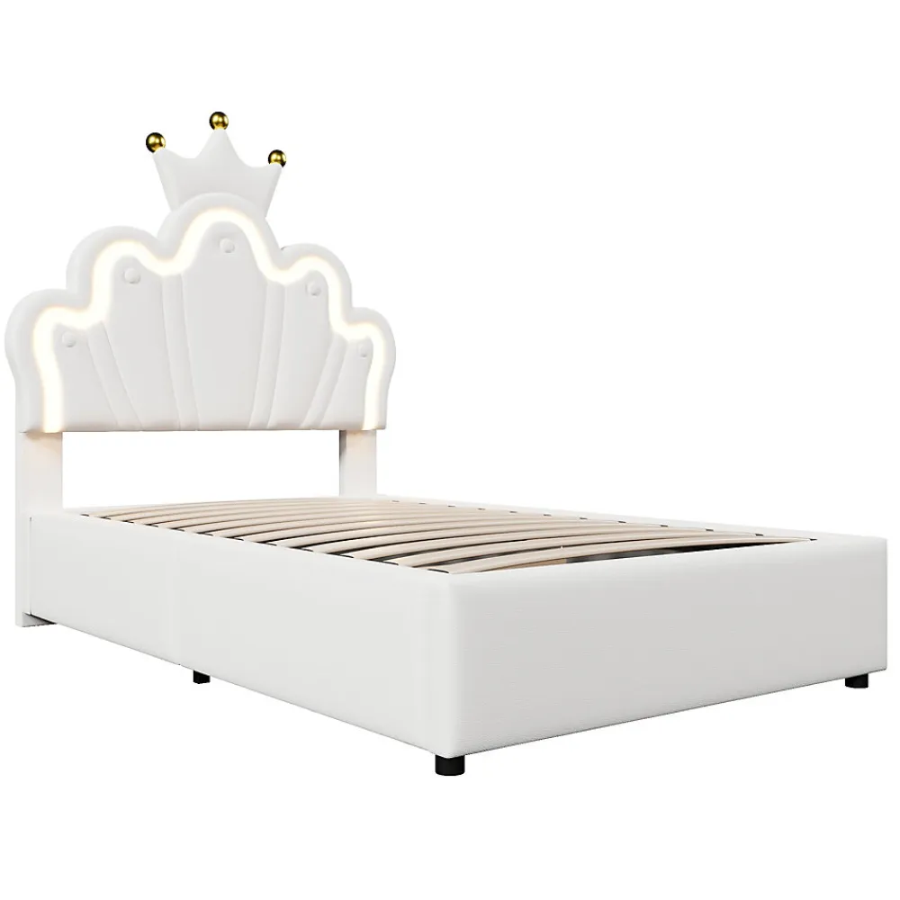 Lit 90x200 cm avec tête de lit réglable et rangement hydraulique, revêtement PU blanc, design couronne>Redom Sale