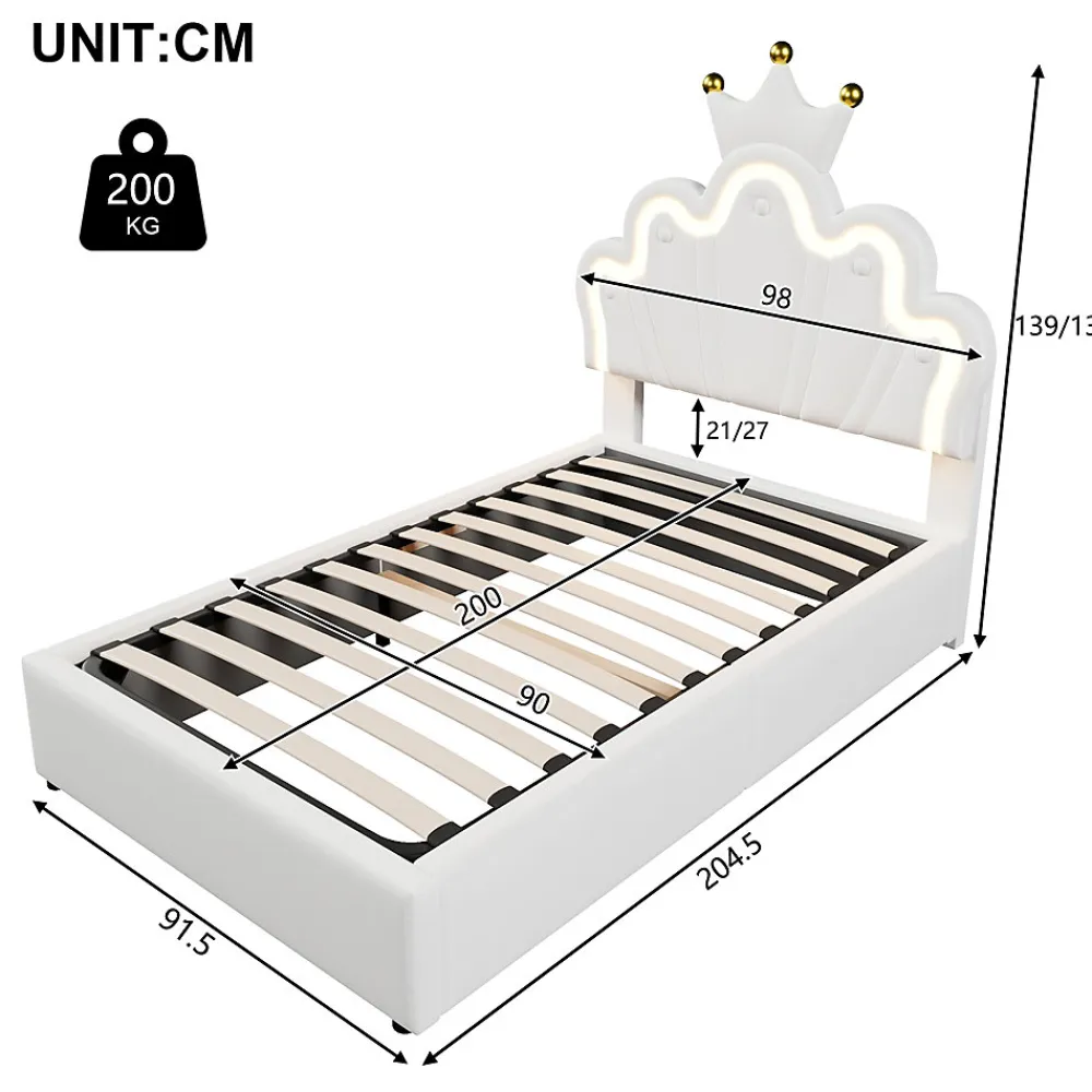 Lit 90x200 cm avec tête de lit réglable et rangement hydraulique, revêtement PU blanc, design couronne>Redom Sale