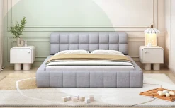 Lit 140x200 cm avec tête de lit rembourrée et revêtement lin gris, cadre solide en panneaux MDF><noscript><img width=