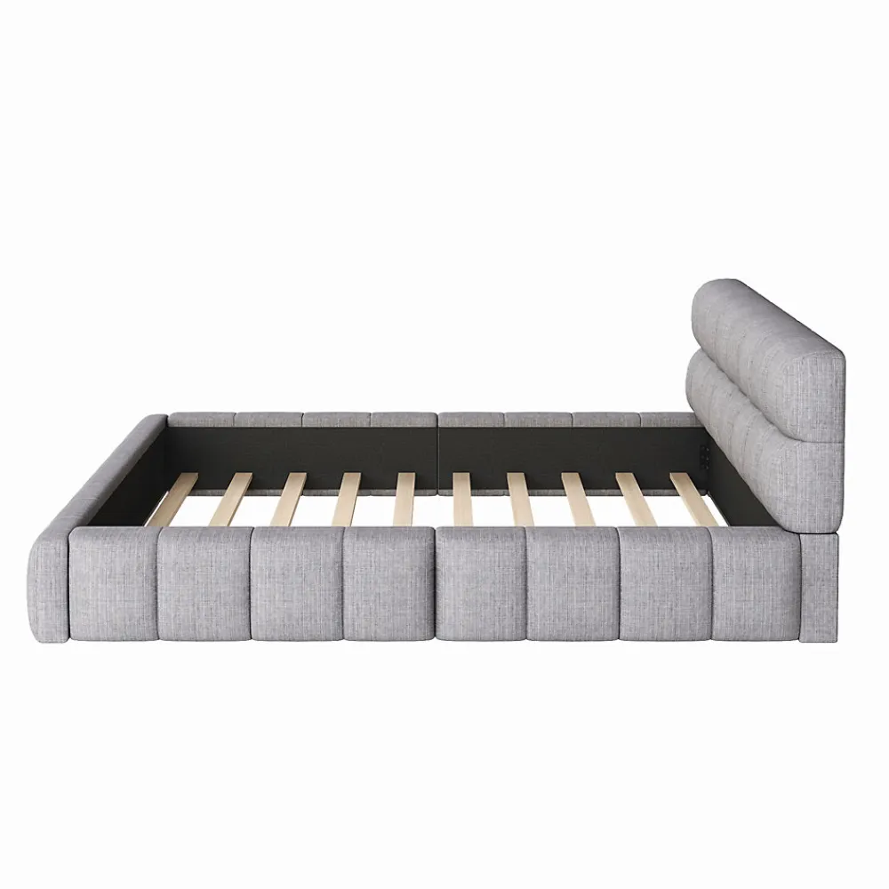 Lit 140x200 cm avec tête de lit rembourrée et revêtement lin gris, cadre solide en panneaux MDF>Redom New